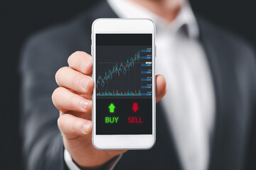 Businessman shows data screen smartphone chart stock market investment.