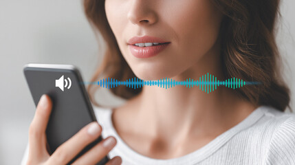 Woman using voice assistant on smartphone with sound wave interface.