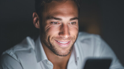 Smiling businessman using smartphone at night with bokeh lights background.