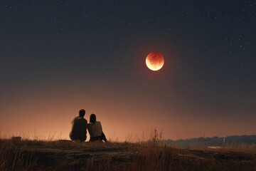 Fototapeta premium a couple sitting side by side on a hilltop under a starry sky, watching a total lunar eclipse