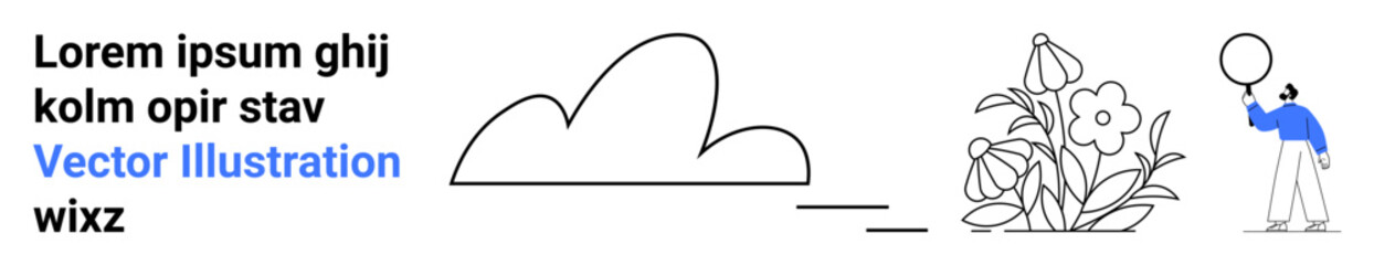 Minimalist design with a cloud, flowers, and a person holding a balloon. Ideal for nature, creativity, simplicity, mindfulness, outdoor activities, eco-friendliness simple landing page