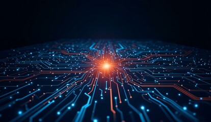 Obraz premium Abstract digital circuit with glowing pathways and central light source