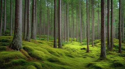 Obraz premium Tranquil forest walk lush green woodland nature photography serene environment ground-level perspective peaceful concept