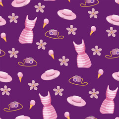 Bright summer vector seamless pattern with pink elements on a lilac background. Beach dress, women's hat, camera, ice cream cone and flower.