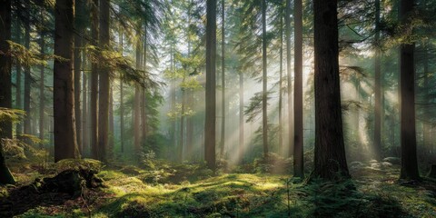 Sunlight filtering through lush forest canopy nature scene tranquil environment captured from ground level