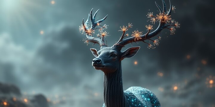 Mystical dark deer with glowing flower antlers