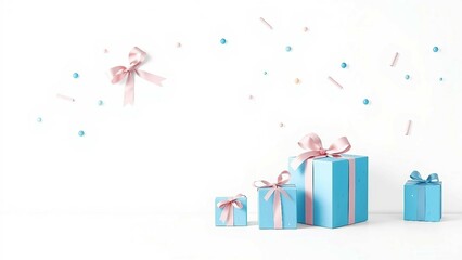 Auarell, blaue Geschenke mit rosa Schleifen und Konfetti auf weißem Hintergrund – ideal für Geburtstage, Feiern und Karten.