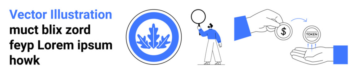 A man with a magnifying glass, maple leaf emblem, and money transfer between hands. Ideal for finance, analysis, investment, economy, savings, banking simple landing page