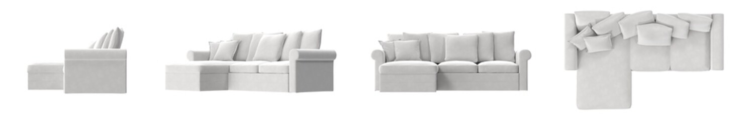.A series of four different white sofas are shown in a row.