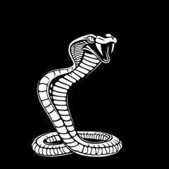 Fototapeta premium Bedrohliche weiße Kobra-Illustration im Line-Art-Stil auf schwarzem Hintergrund – symbolisch, stark und dekorativ.