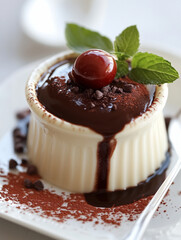 Deser czekoladowy z wiśnią i listkami mięty.