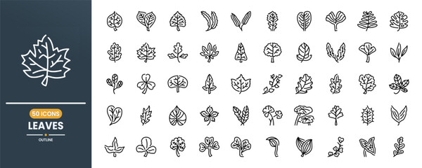 Leaves and leaf vector line icon set. Contains linear outline icons like Plant, Nature, Environment, Ecology, Palm, Maple, Tropical, Flora. Editable use and stroke.
