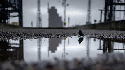 A solitary bird stands on a wet gravel path, reflecting in puddles with industrial structures in the background