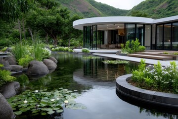 A beautifully landscaped pond seamlessly blending with modern architecture, creating a tranquil environment that reflects harmony between man-made structures and nature.