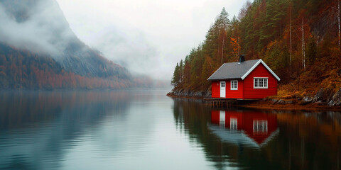 Fototapeta premium Red lakeside cabin with calm water and beautiful autumn scenery
