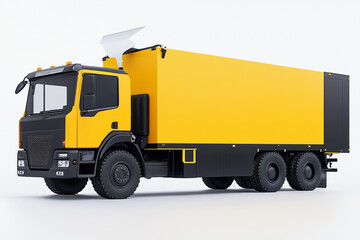 Yellow and black industrial-sized box truck with a blade, on a white background. Photorealistic, with ultra-sharp focus