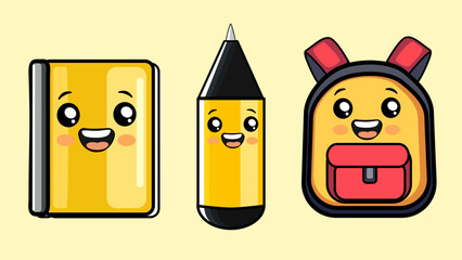 Set of vibrant back-to-school illustrations featuring school supplies. Ideal for educational content, posters, digital media, and children's learning materials.