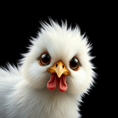 Niedliches, flauschiges Huhn mit übergroßen Augen auf schwarzem Hintergrund, digital illustriert.
