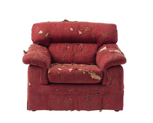 Ripped old armchair isolated on white background	