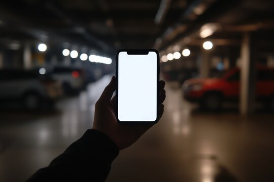 Hand holding smartphone with white screen in parking lot