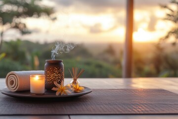 A Tranquil Spa Setting with Scented Candles and Aromatic Diffuser at Sunset, Surrounded by Nature