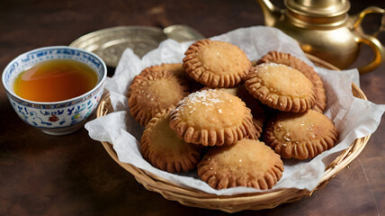 Delicious homemade baked sweet pastry snacks: a cup of tea or coffee with muffins, cookies, or biscuits