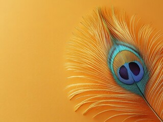 Obraz premium Vibrant peacock feather against a warm orange background