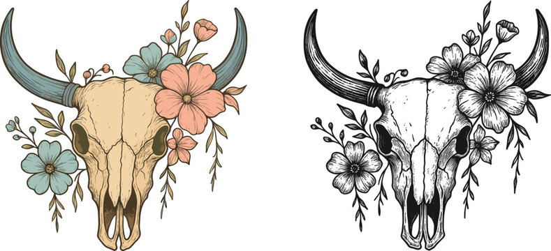 Set of cow skulls with floral design, colorful bull skull with flower suitable for t-shirt, wall mate, comic book, halloween, valentine's cowgirl and cowboy lover shirt on white background.