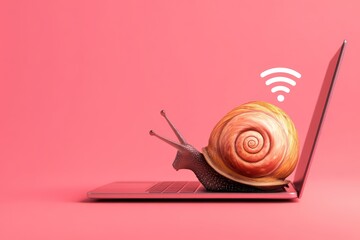 Snail on laptop with Wi-Fi icon symbolizing slow internet