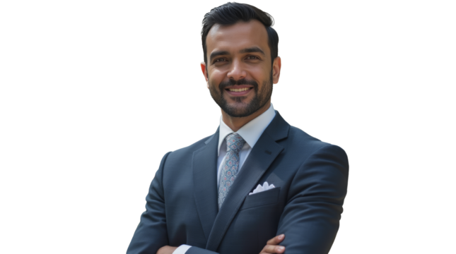 An authoritative portrait of a South Asian man, a real estate broker, dressed in a sharp suit, exuding confidence and professionalism.
