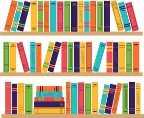 Bookshelves with multicolored book spines on transparent background. Bookcase with literature. Isolated vector illustration for shops, libraries, schools, universities, educational courses.