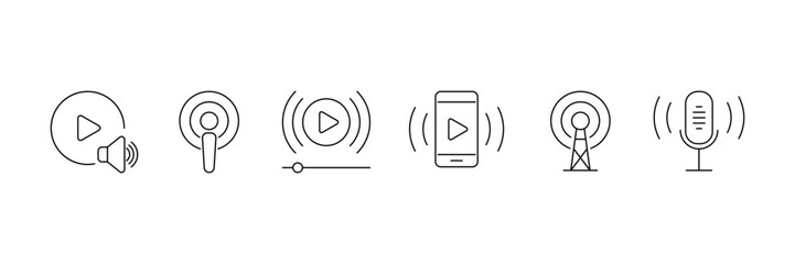 Set of outlined Podcast icon collection. Webcast, broadcast, audio, channel, video symbol.