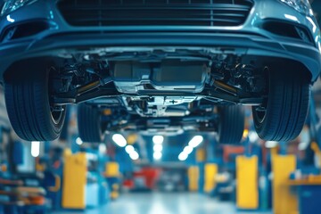 Undercarriage of car lifted for inspection in workshop