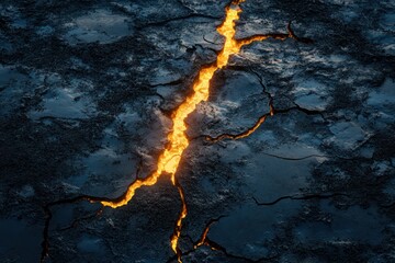 Glowing fissure splitting through dry cracked ground