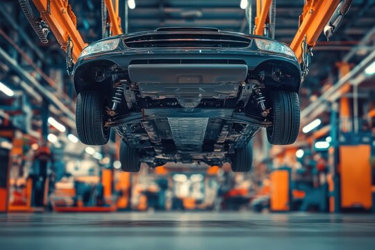 Undercarriage of car lifted for inspection in workshop - Powered by Adobe