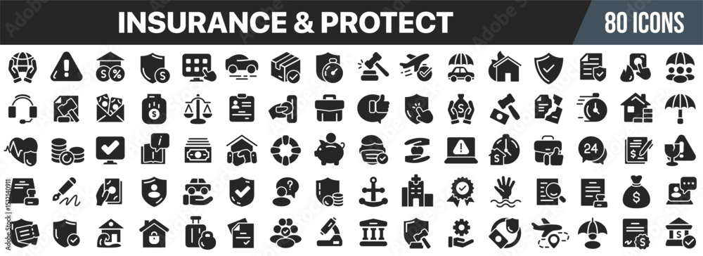 Poster insurance and protect black icons collection. big ui icon set in a flat design. vector illustration 