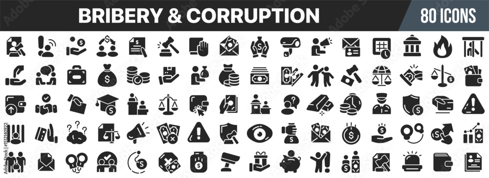 Poster bribery and corruption black icons collection. big ui icon set in a flat design. vector illustration