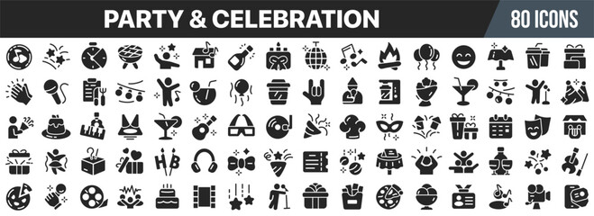 Party and celebration black icons collection. Big UI icon set in a flat design. Vector illustration EPS10