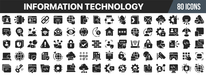 Information technology black icons collection. Big UI icon set in a flat design. Vector illustration EPS10