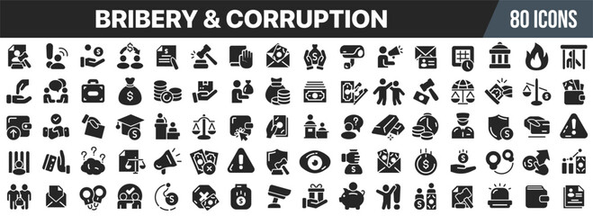 Bribery and corruption black icons collection. Big UI icon set in a flat design. Vector illustration EPS10
