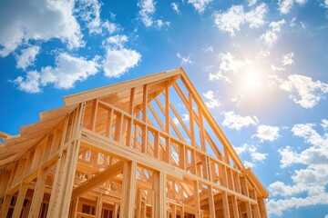 House under construction with wooden frame under blue sky