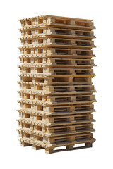Large pile of wooden pallets isolated white background.