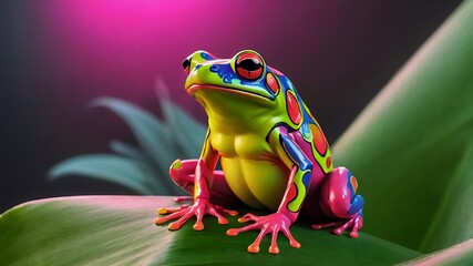 Vibrant rainbow tree frog on lush green leaf