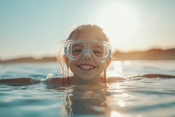 Naklejka premium Young girl snorkeling underwater on vacation in clear sea