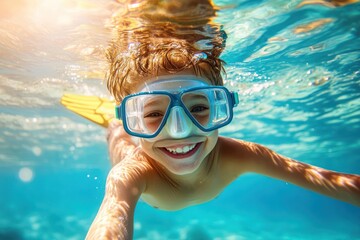 Naklejka premium Young boy snorkeling underwater in bright sea