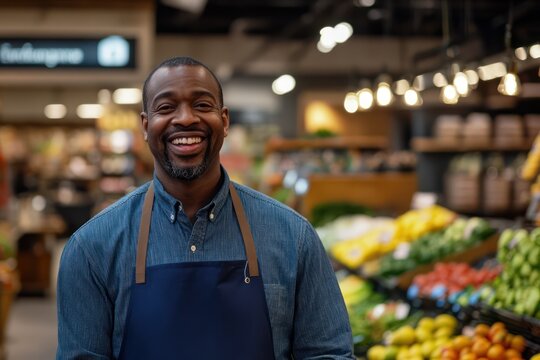 Smiling male grocery worker in produce section