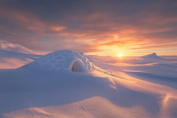 Glowing igloo at sunset in vast snowy winter landscape