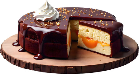 Delicious Sachertorte with a rich chocolate glaze and cream topping served on a rustic wooden platter