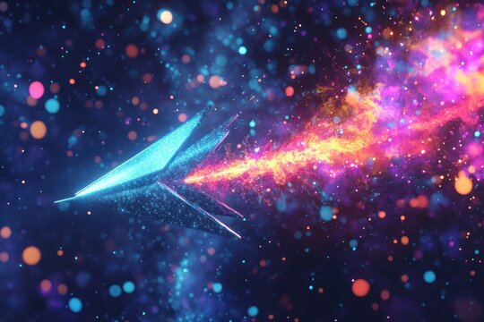 Futuristic glowing arrow flying through cosmic space trail - Powered by Adobe