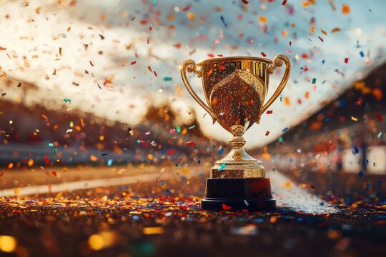 Gold winner's trophy on race track with celebration confetti